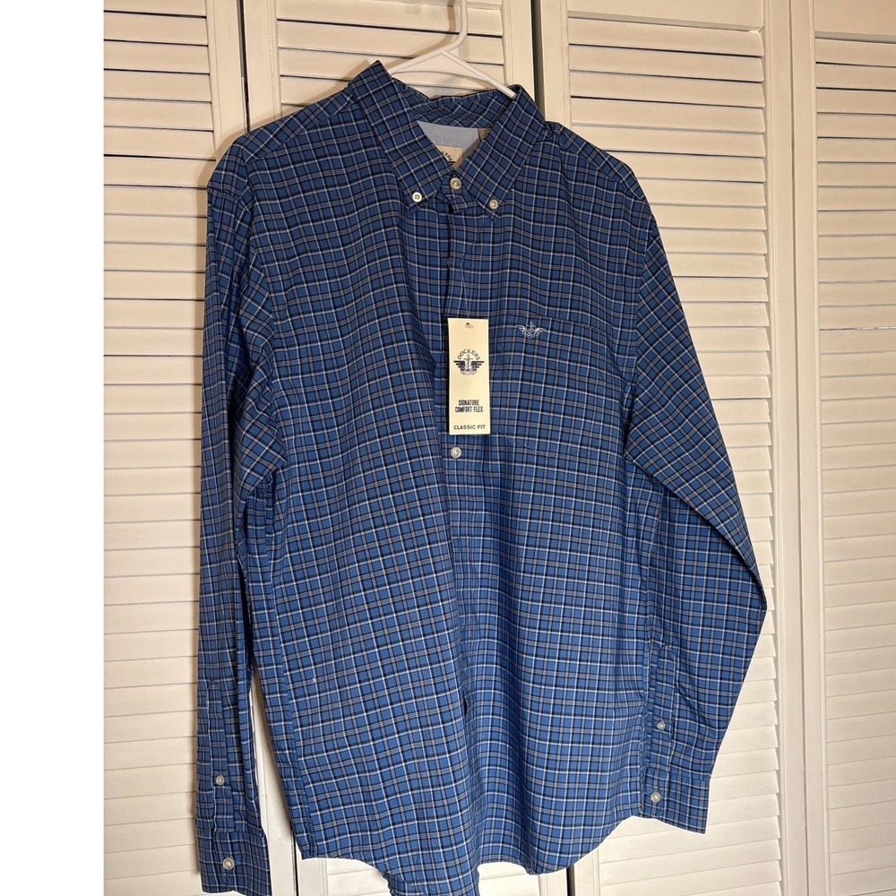 Dockers Mens Large BluePlaid Signature Comfort Flex ClassicFit Button Down Shirt